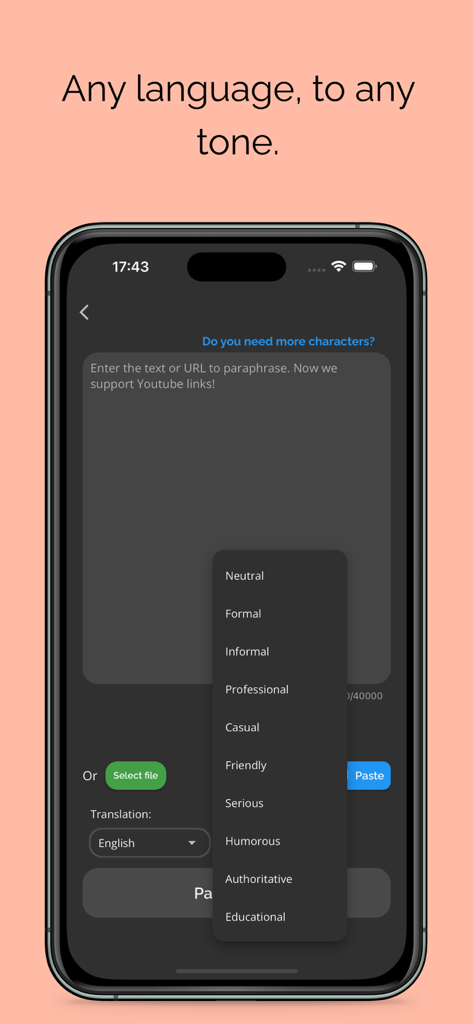 フォーマル、プロフェッショナル、カジュアルなどのさまざまな文章トーンオプションを示すドロップダウンメニューが表示された言い換えツールアプリが表示されているスマートフォン画面。