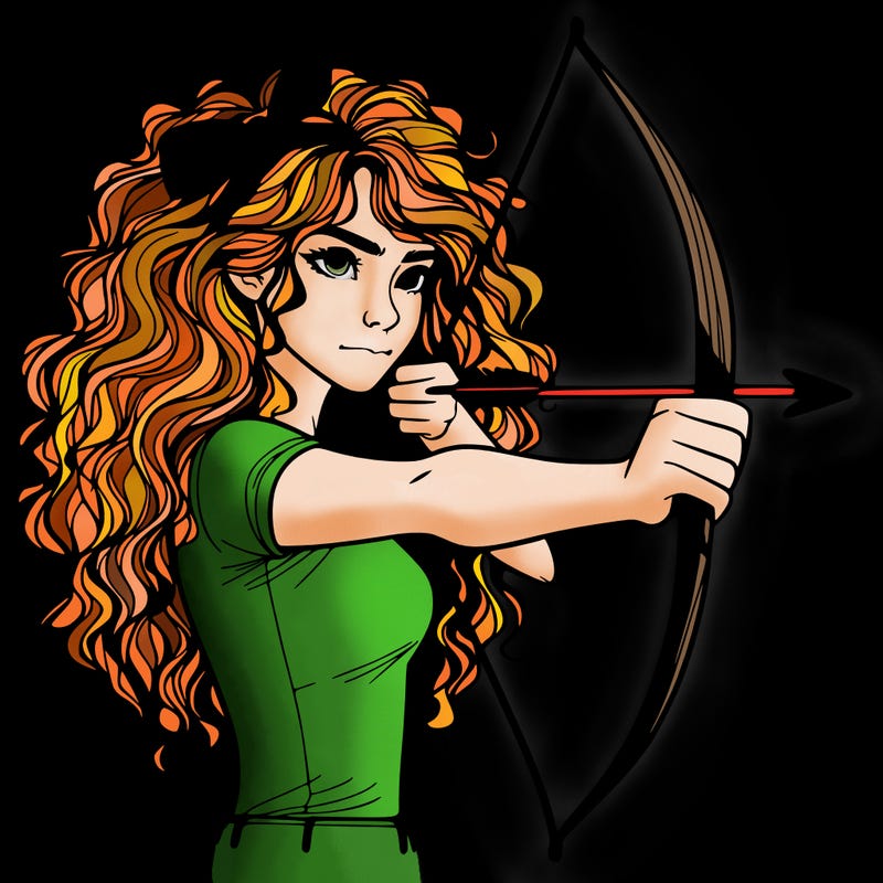 a woman with curly and messy hair using a bow to shoot arrow realistic