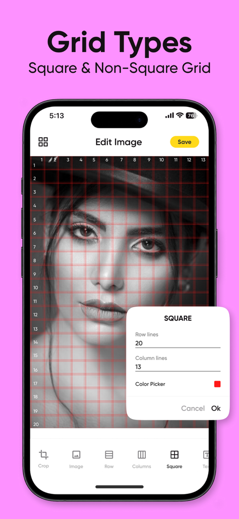 Screenshot of GridArt app showing a square grid overlay on a portrait with customization settings for row and column lines