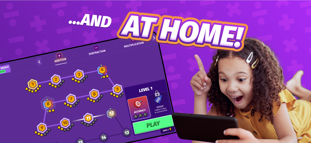 Young girl happily practicing addition levels on a smartphone using the 99math app at home