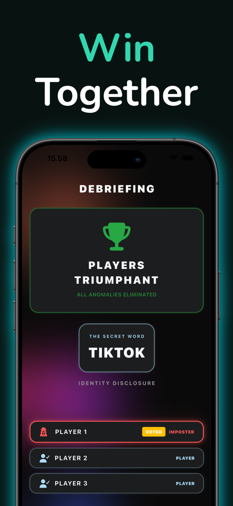 Imposter - Undercover Lie Game - Imposter game debriefing screen showing the players winning and the identity disclosure of the imposter