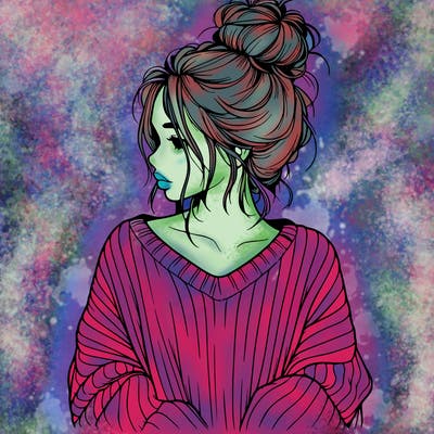 realistic girl wearing a messy bun and an oversized sweater