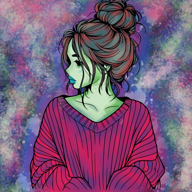 realistic girl wearing a messy bun and an oversized sweater