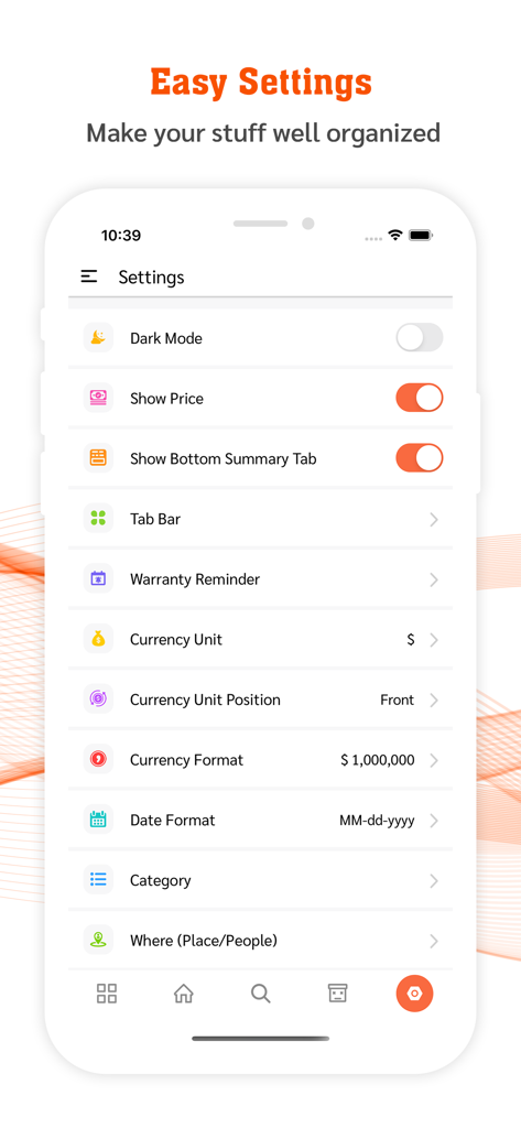 My Stuff Personal Organizer - Settings screen of the My Stuff Personal Organizer app showing customization options for inventory and reminders.