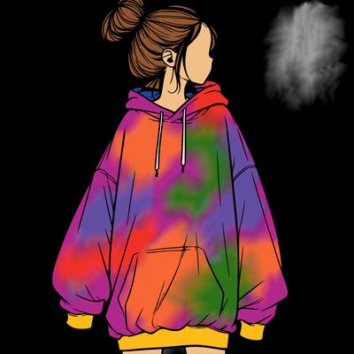 realistic girl with a oversized sweatshirt on and a bun