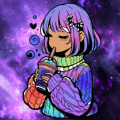 manga girl drinking boba in cozy sweater
