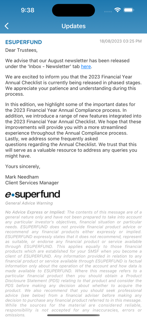 ESUPERFUND - Screenshot of the ESUPERFUND app updates section showing a message about the August newsletter and the 2023 Financial Year Annual Checklist.