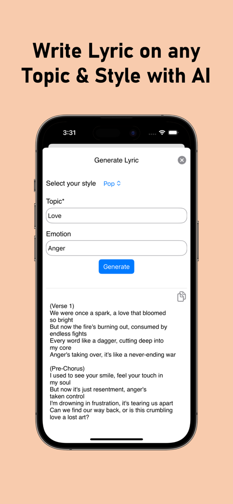 Interfaz de la aplicación AI lyric generator que muestra la creación de letras de canciones con opciones de tema y estilo