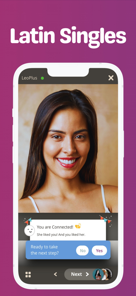 INTL - International Dating - INTL dating app interface showing a profile of a smiling Latin woman with a connection message.