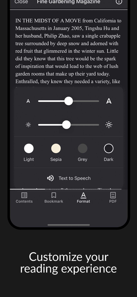 Fine Gardening Magazine - Mobile screen showing text customization options like font size, brightness, and color themes in the Fine Gardening Magazine app.