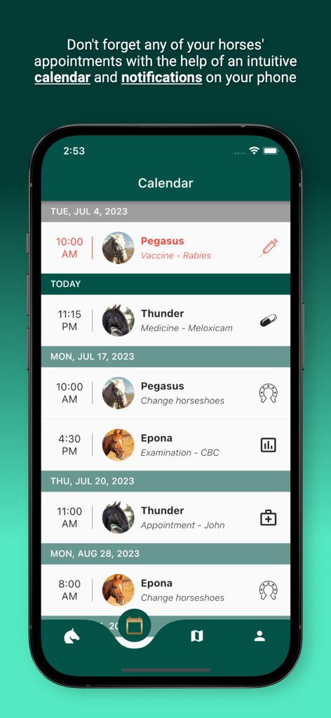 Horsefy - A mobile app screen showing an organized calendar of horse health appointments for multiple horses including vaccinations and horseshoeing