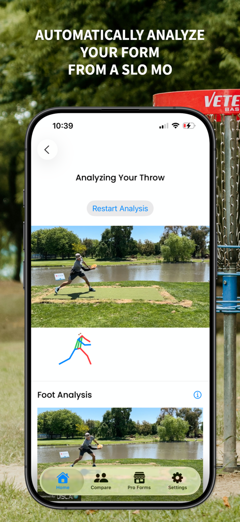 Disc.ai - Disc.ai app screen showing AI motion tracking and foot analysis of a disc golf throw