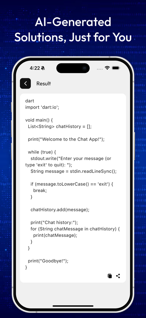 AI generated Dart code snippet for a chat application displayed on a smartphone screen