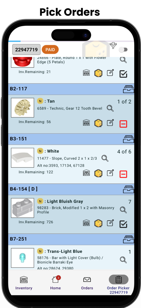 The order picker screen of the BrickSeller Companion app displaying a list of LEGO parts with storage locations and quantities for fulfillment.