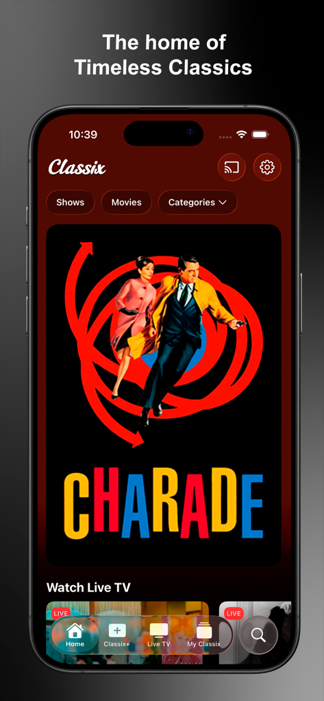 Classix mobile app home screen on an iPhone featuring the classic movie Charade and live TV options.