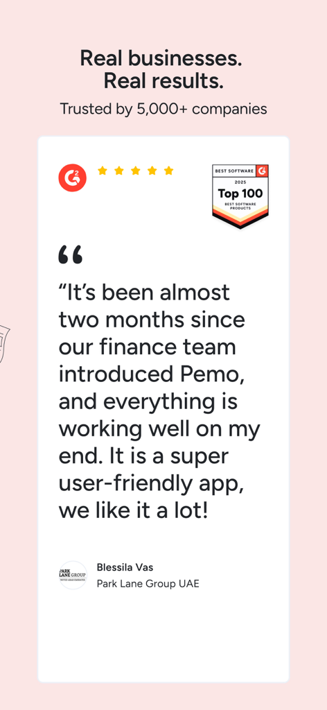 A five star user testimonial for Pemo spend management app highlighting its user friendly interface and G2 Top 100 award