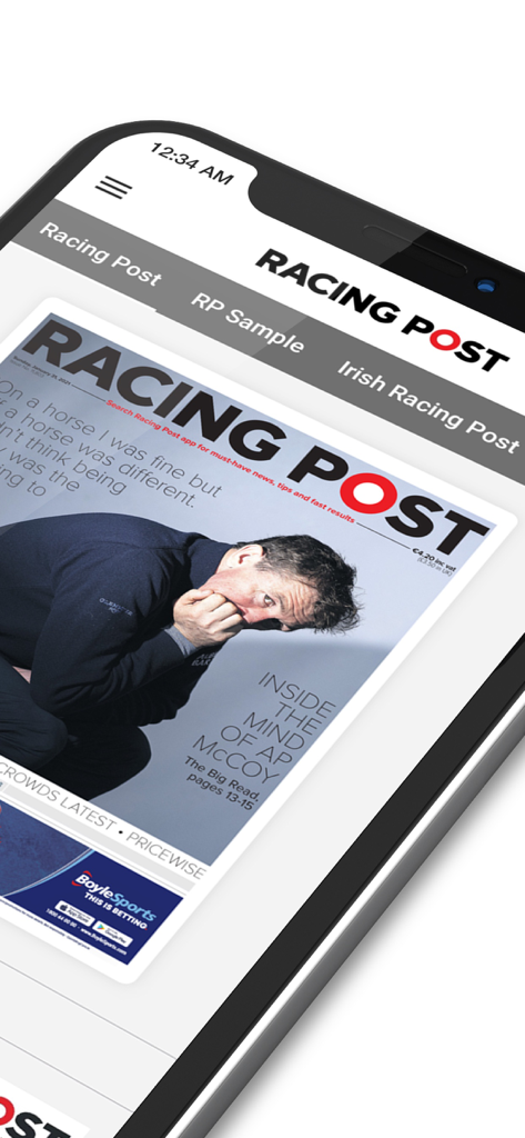 Racing Post Newspaper - Edición digital del periódico Racing Post en un teléfono inteligente con noticias de hípica y reportajes de expertos