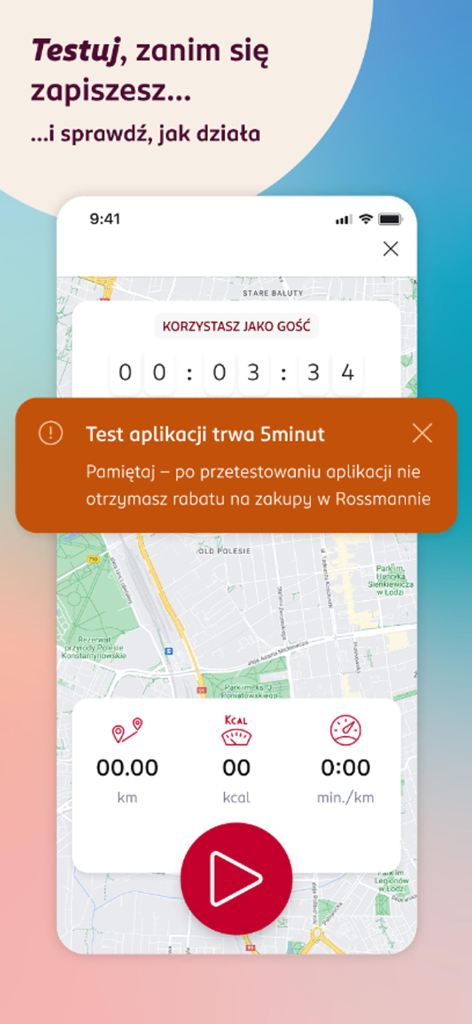 Rossmann Runアプリのテストモード画面、地図とランの統計を表示