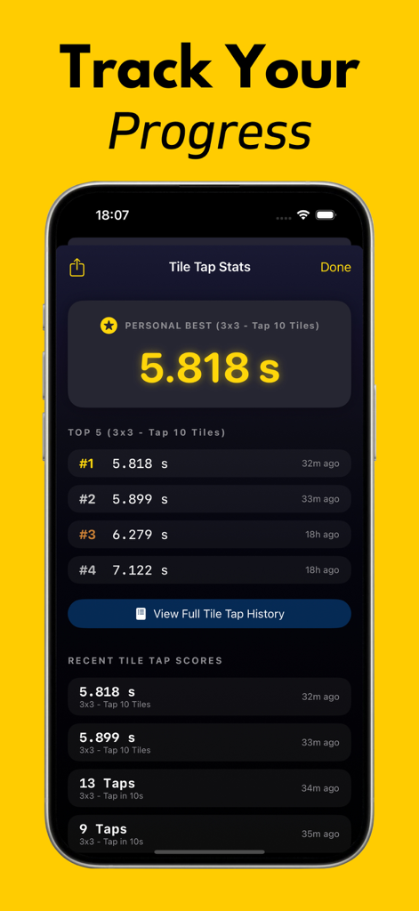 Reaction Time & Reflex: Reactz - Reaction Time Reactz app interface displaying personal best scores and tile tap performance statistics.