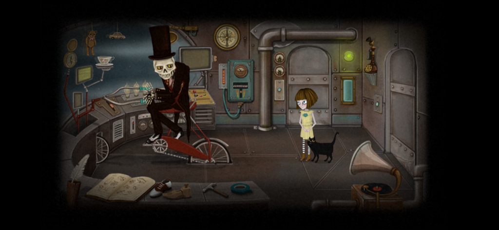 Fran Bow - Fran Bow and her cat Mr Midnight in a mechanical room with a tall skeleton wearing a top hat