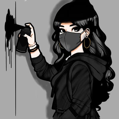 realistic girl with mask spray painting a wall