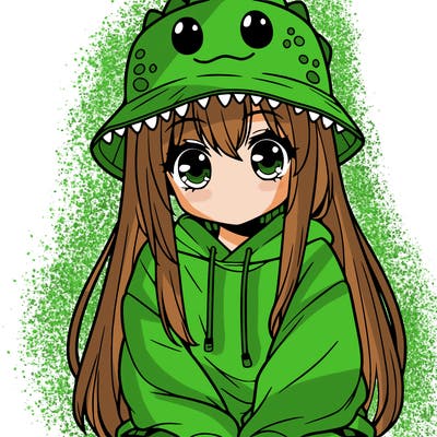 girl with anime shaped eyes with a dinosaur bucket hat oversized sweatshirt long straight hair