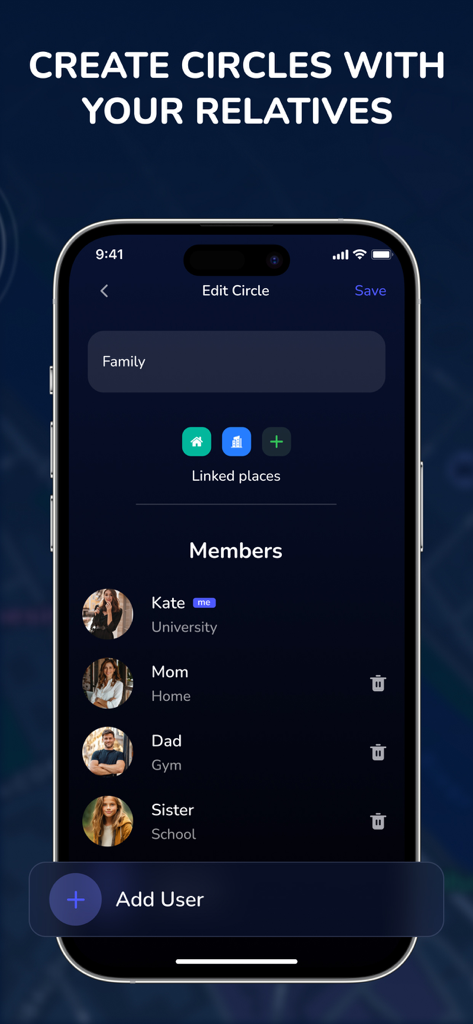 Oberfläche der Standort-Tracker-App, die einen Familienkreis mit Mitgliedern wie Mama und Papa und ihren aktuellen Standorten wie Zuhause und Fitnessstudio zeigt