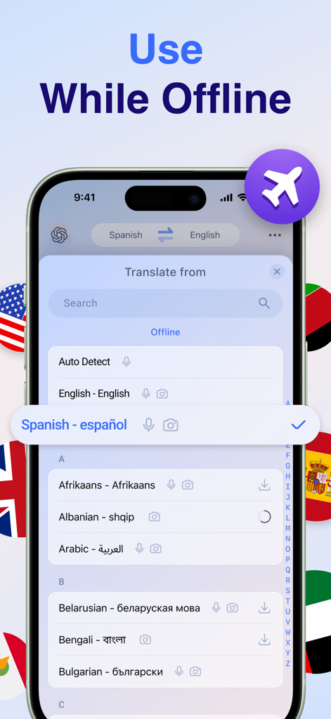 Voice Translate: AI Translator - Interfaz mostrando la función de traducción sin conexión con una lista de idiomas descargables, incluyendo español y árabe
