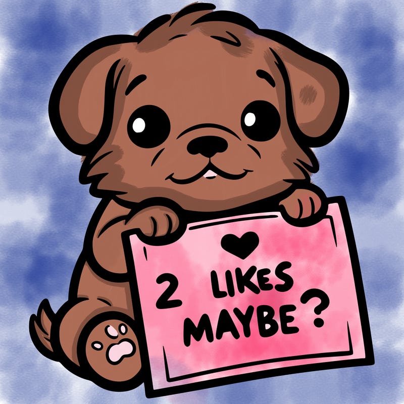 a puppy holding a sign that says 2 likes maybe?