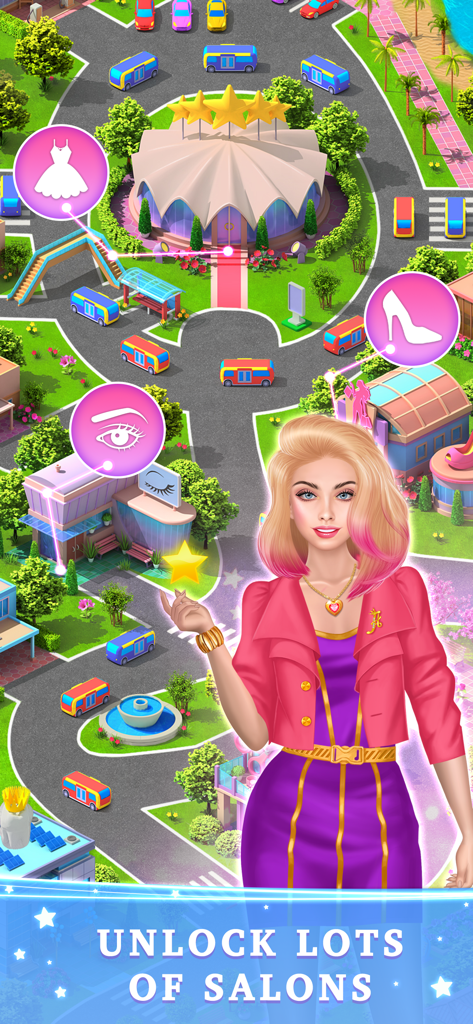 Spa BFF Makeover Dress Up Game - A colorful city map in Spa BFF Makeover game showing different beauty salons to unlock