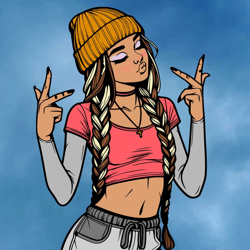 realistic teenage girl with braids and a beanie and crop top doing 🫶🏼