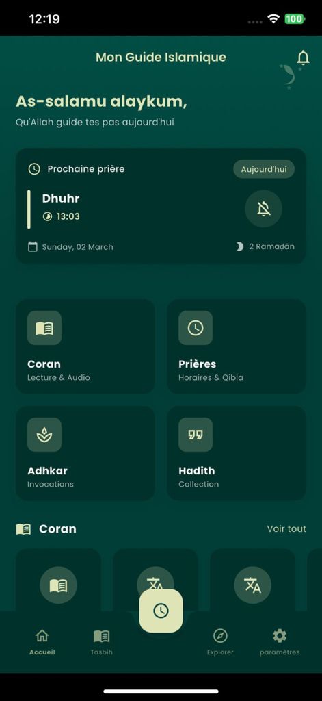 Noor app home screen displaying prayer times Quran and daily Islamic reminders in a clean dark green interface