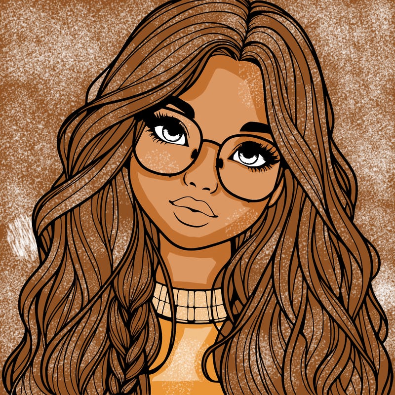 girl with long hair and freckles and glasses realistic