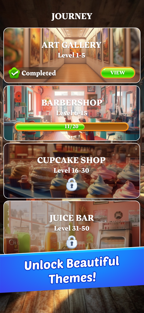 Word Shop - Fun Spelling Games - A screen from Word Shop showing unlockable themes like Art Gallery Barbershop and Cupcake Shop