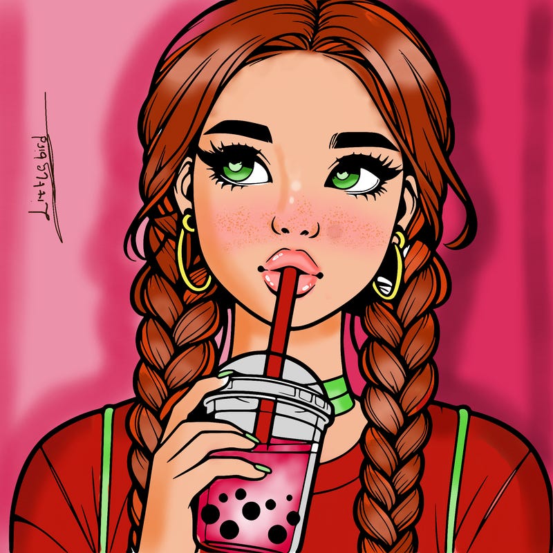 realistic girl with braided hair drinking boba