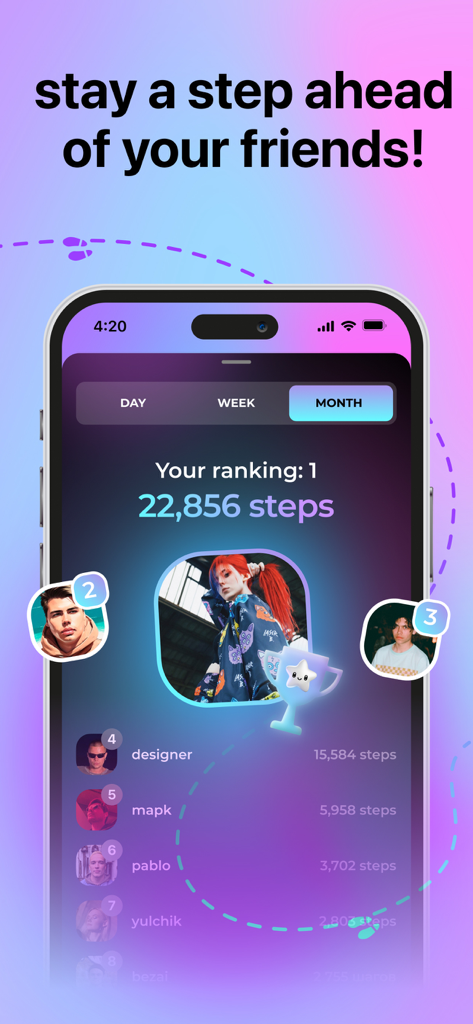 Blink app leaderboard showing monthly step count rankings among a circle of friends.