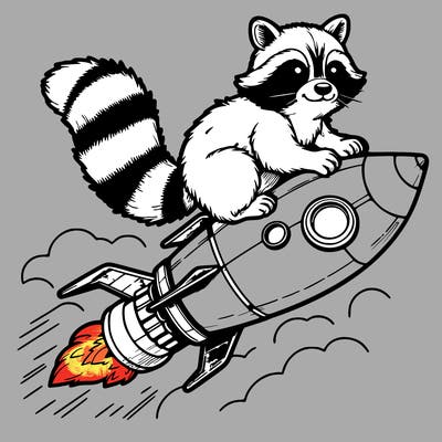 realistic raccoon flying on top rocket ship