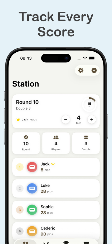 Mobile app interface for tracking Mexican Train domino scores showing round details and player pip counts