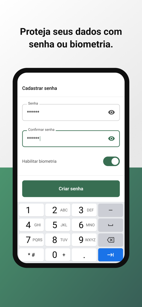 Credencial Médica - CFM - Screen for setting up a password and biometric security in the Credencial Medica CFM app