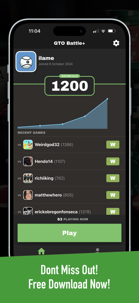 GTO Battle+ : Poker Puzzles! - Un perfil de usuario en la aplicación de póker GTO Battle que muestra una calificación ELO de 1200 y una lista de victorias recientes en partidas.