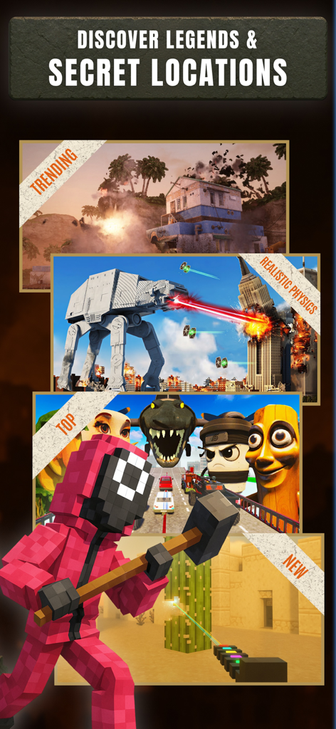 Un écran promotionnel montrant des mods et des cartes tendance et les mieux notés du jeu Teardown avec des scénarios de destruction réalistes basés sur la physique