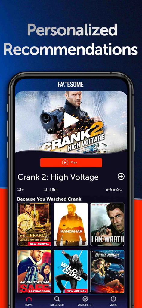 Une capture d'écran de l'application mobile Fawesome montrant des recommandations de films personnalisées et des suggestions de films d'action.