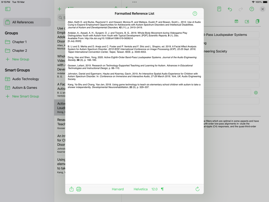 Reference Tracker - A formatted academic reference list in Harvard style displayed on the Reference Tracker iPad app interface.