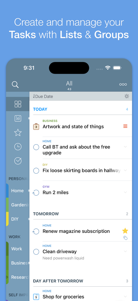 2Do app task list view showing scheduled tasks categorized by tags and due dates.