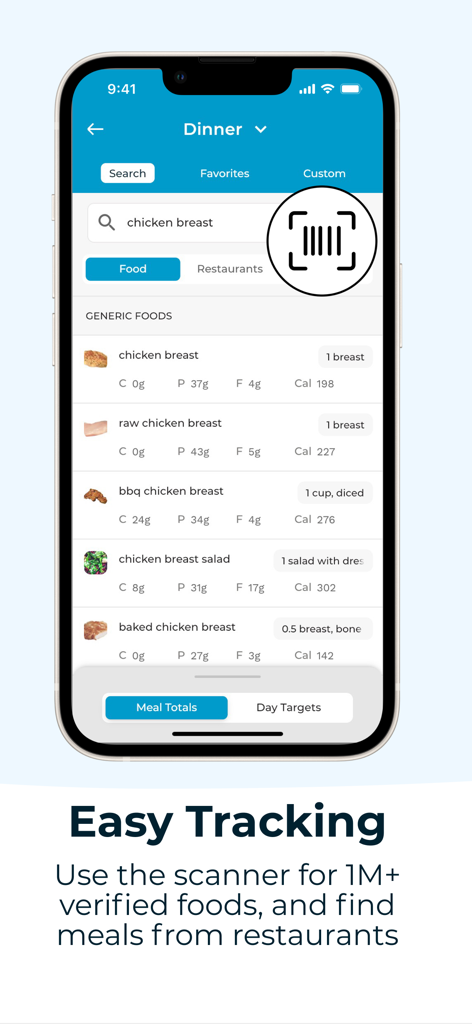 Macrostax: Diet & Meal Planner - Macrostax app food tracking interface with barcode scanner and macro data