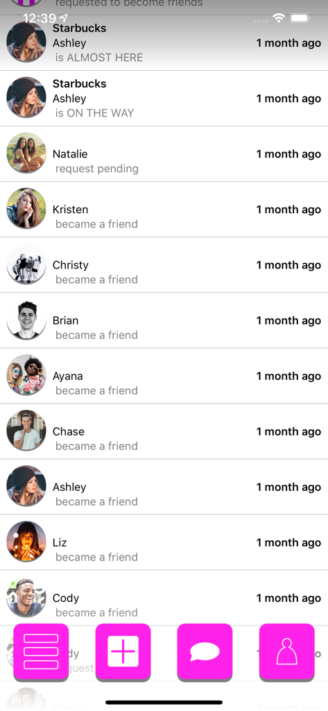 MeetHere - meetup with friends - Interface showing a list of friend activity notifications and arrival status updates in the MeetHere app