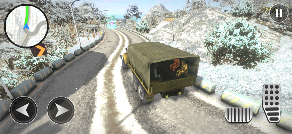 Army Cargo Truck Driving Games - Ein Armeelastwagen fährt auf einer verschneiten Bergstraße mit Spielelementen auf dem Bildschirm