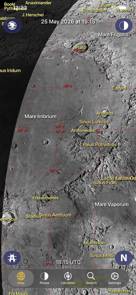 Moon Atlas - クレーターと海のラベルが付いた詳細な3D月面マップ。