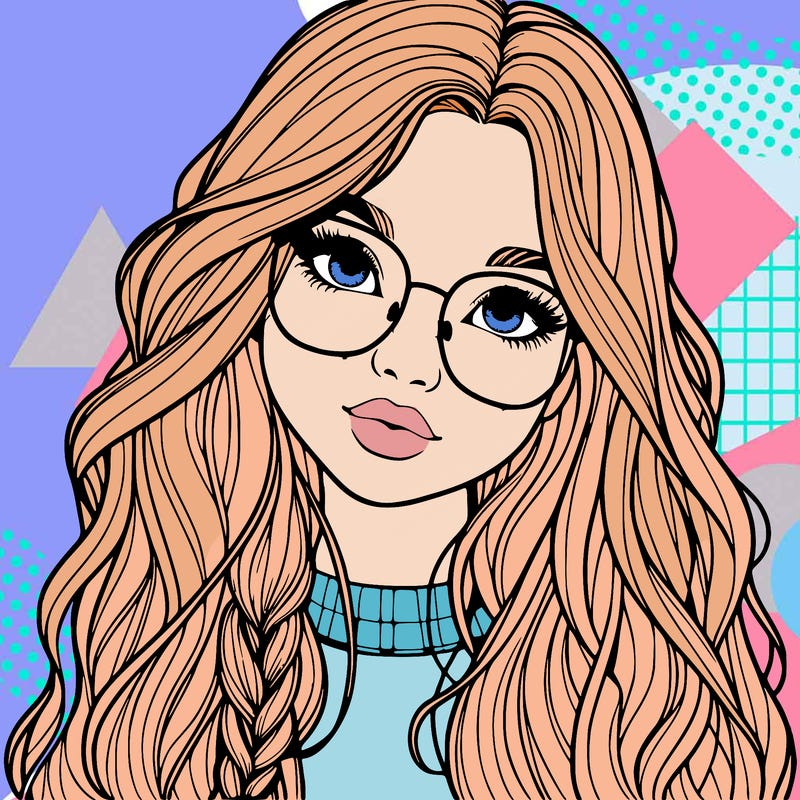 girl with long hair and freckles and glasses realistic