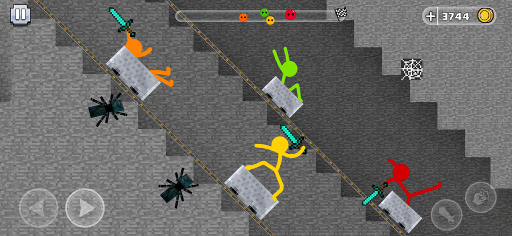 Stickman Parkour Race & Jump - Stickman characters racing in minecarts through a blocky craft world mine